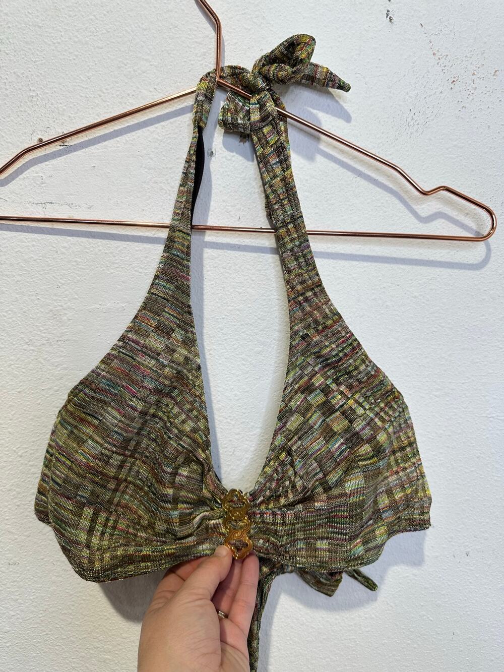 AERIN ROSE Green Multicolored Halter Tie Neck Gold Accent Swimsuit Top size 32D